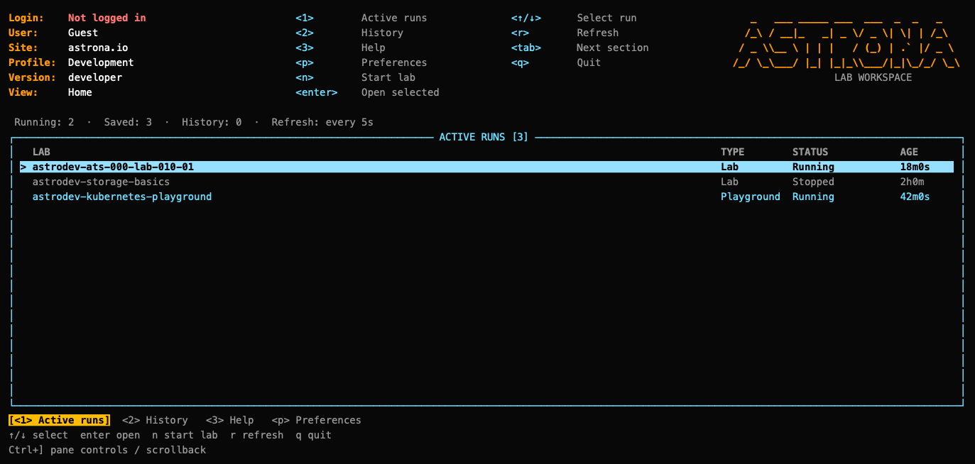 Astrona Home with sample labs, status fields and shortcut columns